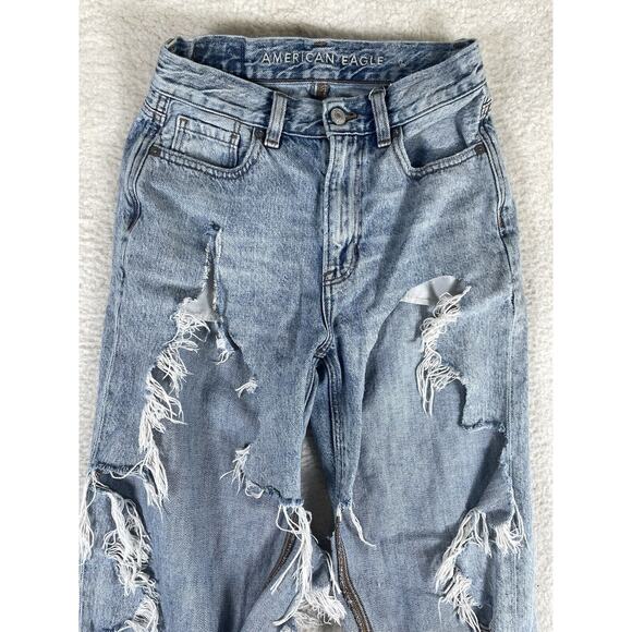 American Eagle Mom Jeans Womens sz 00 Regular Light Wash Blue Distressed Ripped - Picture 8 of 16